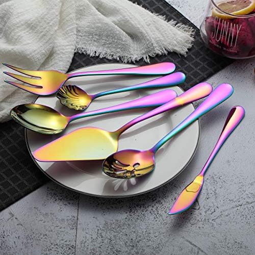 Berglander Stainless Steel Golden Titanium Plated Flatware Serving Set 6 Pieces, 5 Serving Pieces of 45 Pieces Flatware With 1 Cake Server,Serving Silverware Set (Shiny Golden)