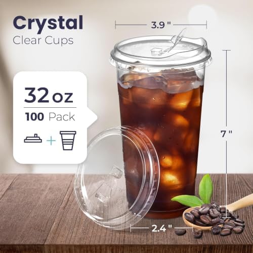 Fit Meal Prep 100 Pack 32 oz Clear Plastic Cups with Strawless Sip Lids, Disposable Plastic Coffee Cups with Lids, To Go Cups for Iced Coffee, Smoothies, Soda, Party Drinks, Bubble Tea, Cold Beverage