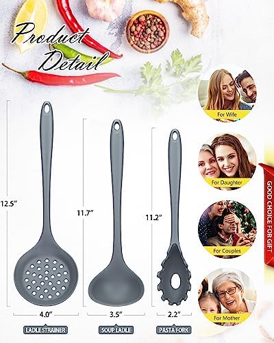 3 Pcs Silicone Kitchen Utensils Set, Soup Ladle-Pasta Fork-Slottede Spoon, Nonstick BPA Free High Heat Resistant Cooking Utensils for Mixing, Serving, Draining, Turning, Stirring
