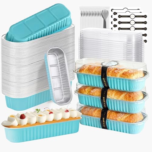 100 Pack Mini Cake Pans with Lids and Spoons, Mini Loaf Baking Pans 6.8oz, Small Disposable Aluminum Foil Loaf Pans, Rectangular Baking Containers for Party and Picnics, Cheesecake Pans (Blue)