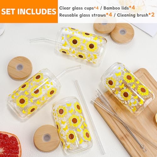 DWTS DANWEITESI Glass Cups with Lids and Straws with Design Sunflower 4 pcs,Clear Glass Cups 16 oz-Drinking Glasses Set,Glass Tumbler,Cute Design Glass Iced Coffee Cups with Lids and Straws 480ml