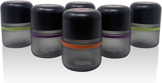 ONGROK Glass Storage Jar, 80ml, 6 Pack | UV Herb/Spice Jar with Child‑Resistant Lid, Color‑Coded Glass Containers to Preserve Smell and Aroma