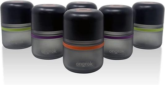 ONGROK Glass Storage Jar, 80ml, 6 Pack | UV Herb/Spice Jar with Child‑Resistant Lid, Color‑Coded Glass Containers to Preserve Smell and Aroma