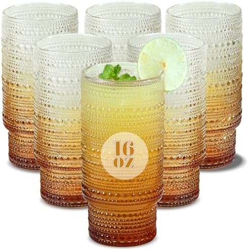 Large Capacity 16 oz Hobnail Drinking Glasses Set of 6, Vintage Glassware Drinking Glasses, Gradual Amber Water Glasses Tumbler, Thanksgiving Cups for Kitchen, Juice, Beer, Cocktail, Whiskey