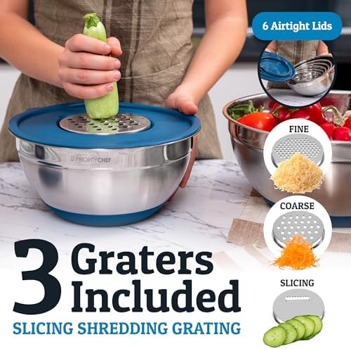 Priority Chef 6Pc Stainless Steel Mixing Bowls with Lids Set, Huge 7 Qrt Size Metal Bowl Set for Kitchen, 3 Graters, Non-Slip Bases & Silicone Utensils Set, Blue