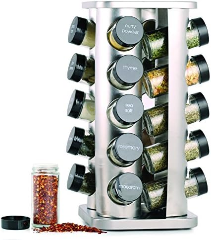 Orii 20 Jar Rotating Spice Rack with Spices Included & 5-Year Free Spice Refill Program – Stainless Steel Countertop Spice Rack with 3 oz Glass Jars
