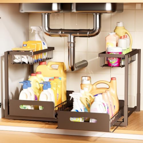 Under Kitchen Sink Organizer, Metal Pull Out Bathroom Organizers and Storage, 2-Tier Cabinet Organizer Shelf with Sliding Drawer, Home Organization for Kitchen, Laundry, Pantry, Brown, 2 pack
