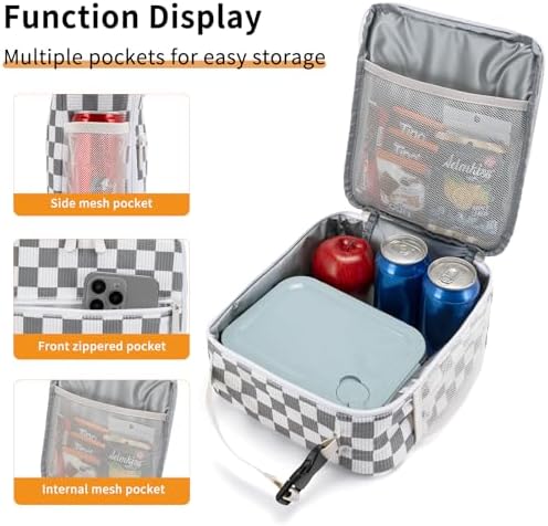 Lunch Box for Women Men Adult Insulated Lunch Bag Women Men Small Reusable Lunchbox for Work Picnic Travel (Gray-White Plaid)