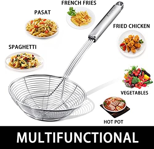 Anaeat Stainless Steel Spider Strainer Skimmer - Solid Kitchen Strainer Ladle with Long Handle for Cooking and Frying, Reinforced Double Coil Slotted Spoons for Pasta, Noodle, Spaghetti (5.5 Inch)