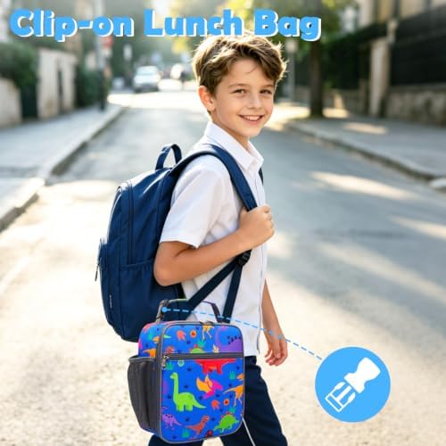FlowFly Kids Lunch box Insulated Soft Bag Mini Cooler Back to School Thermal Meal Tote Kit for Girls, Boys, Dinosaur