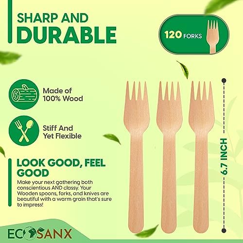 ECOSANX® 120 PCs Wooden forks for eating 6.3" Splinter Free Compostable Forks, Eco-Friendly Wooden Cutlery for Party & Outdoor, Disposable forks for Camping, Events & More