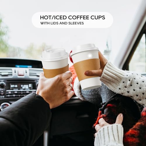 JOLLY PARTY 50 Pack 12 oz Disposable Paper Coffee Cups with Lids & Sleeves