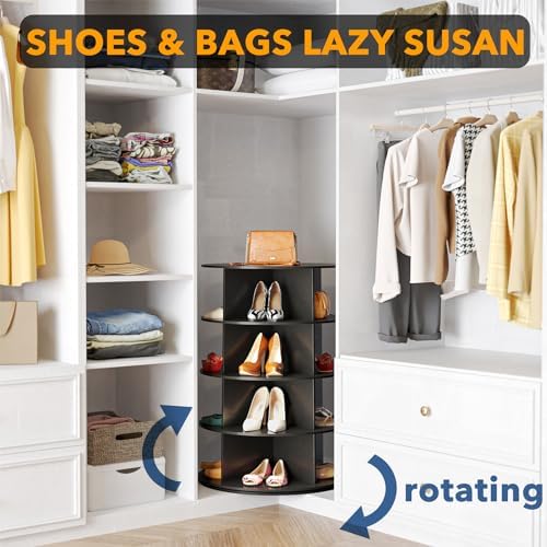 SpaceAid 4 Tier Rotating Shoe Rack Tower, Spinning Shoe Display Lazy Susan, Revolving 360 Shoe Rack Storage Round Carousel, Vertical Handbag Rotate Shoes Closet Organization (4-Tier Black)
