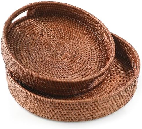 HITOMEN Hand-Woven Round Rattan Serving Tray Decorative Ottoman Wicker Platter with Handles for Coffee Table, Breakfast, Drinks, Snack, Bread, Fruit, Vegetables (Brown Set of 2: M+L)