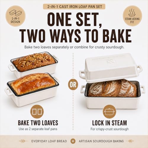 Northriver Casting 2 in 1 Enameled Cast Iron Bread Pan with Lid, Perfect Bread Oven, Loaf Pans for Baking Homemade Sourdough Bread 9x5, 2 Piece set, White