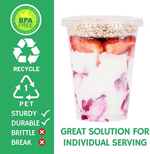 Aatriet 16 oz Clear Plastic Parfait Cups with Insert 4oz & Flat Lids No Hole - (50 Sets) Yogurt Fruit Parfait Cups for Kids, for Dips and Veggies, Take Away Breakfast and Snacks. No Leaking