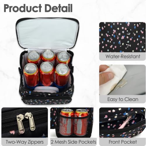 FlowFly Insulated Reusable Lunch Bag Adult Large Lunch Box for Women and Men with Adjustable Shoulder Strap,Front Zipper Pocket and Dual Large Mesh Side Pockets,BlackFlower