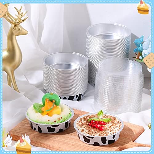 Yinder 120 Pcs 8 oz Disposable Creme Brulee Ramekins with Lids, 4 Inch Mini Pie Tins Aluminum Foil Pie Tart Cake Baking Pans Individual Round Containers Oven Safe for Xmas, Party(Cow Print)