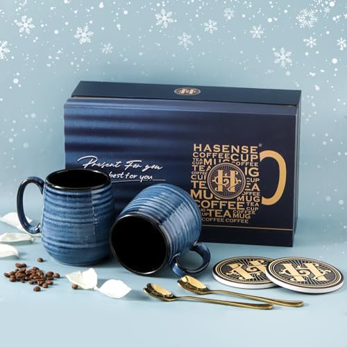 HASENSE Coffee Mugs Gift Set, 20 oz Ceramic Coffee Cups for Men and Women, Premium Large Tea Cups Gift Box with Coaster & Gold Spoon, Blue Couple Mugs for Wedding Holiday