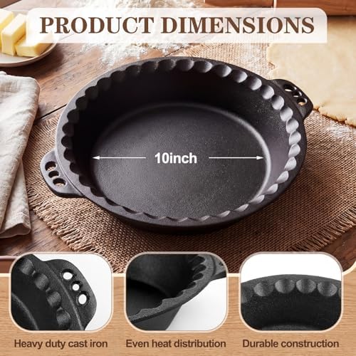 LemonRoad 2 Pcs Cast Iron Pie Pan 10" with Crimped Edges and Handles