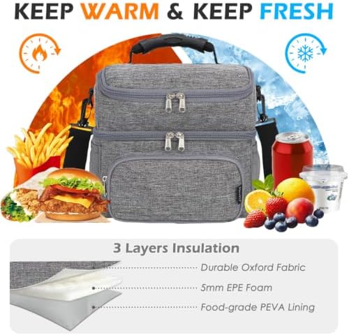 FlowFly Double Layer Cooler Insulated Lunch Bag Adult Lunch Box Large Tote Bag for Men, Women, With Adjustable Strap,Front Pocket and Dual Large Mesh Side Pockets