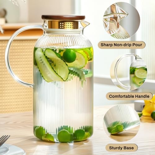 Buaic 2 PACK Glass Pitcher with Lid, 68oz/ 2 Liter Glass Water Pitcher