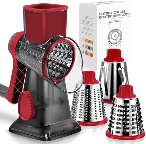 KEOUKE Rotary Cheese Grater Hand Crank Transparent - Shredder Slicer Grinder 3 Stainless Steel Blades, Stable Suction, Labor-Saving Handle, Safe Kitchen Tool for Cheese, Vegetable, Nuts, Chocolate