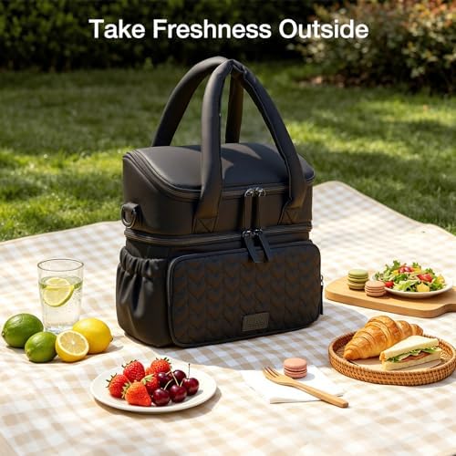 Double Deck Lunch Bag for Women, Black-M