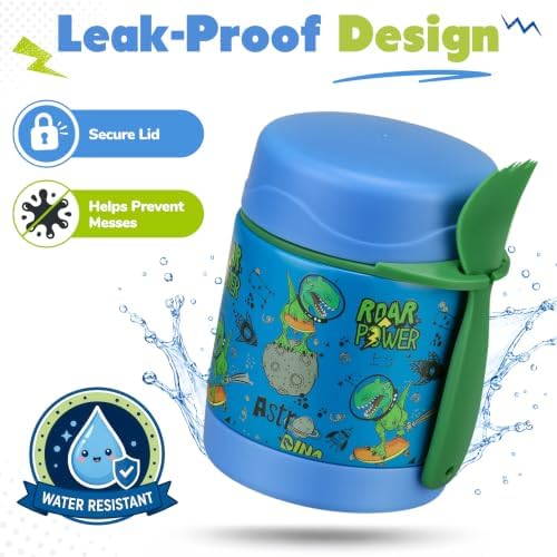 Howeemo 10oz Soup Thermo for Hot Food Kids, Leak Proof Stainless Steel Wide Mouth Lunch Food Jar with Spoon, Dinosaur Blue