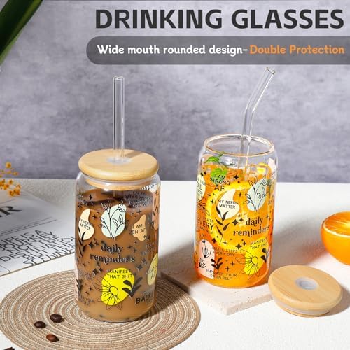 DWTS DANWEITESI Glass Cups with Lids and Straws with Design 4 pcs（Daily Reminder）,Clear Glass Cups 16 oz-Glass Tumbler,Cute Design Glass Iced Coffee Cups Mental Health Positive 480ml