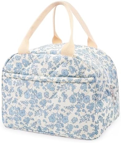 Cotton Quilted Insulated Lunch Bag, Reusable Quilted Floral Lunch Tote Bags