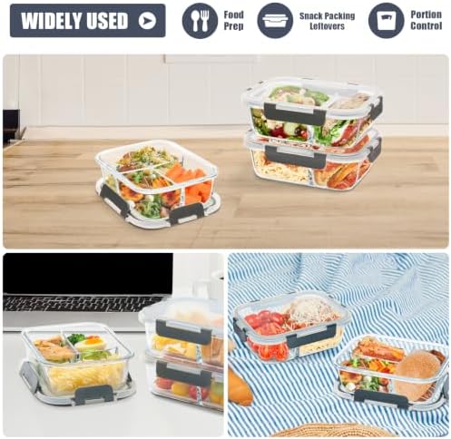 2 & 3 Compartment Glass Meal Prep Containers 6 Pack, 34oz Lunch Containers