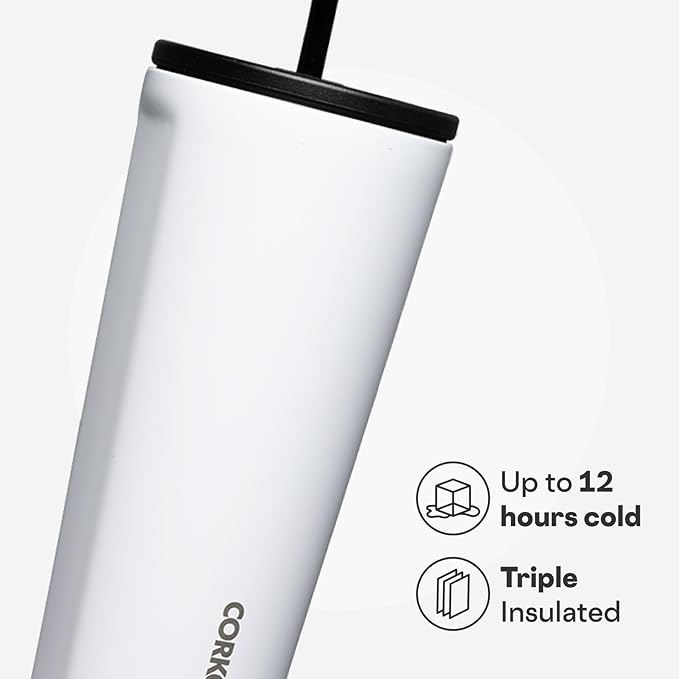 Corkcicle Cold Cup Insulated Tumbler with Straw - Keeps Drinks Cold for 12 Hours - Triple-Insulated Stainless Steel - Leak-Resistant Lid - Summer Drinkware Gift - 24 oz - Gloss White