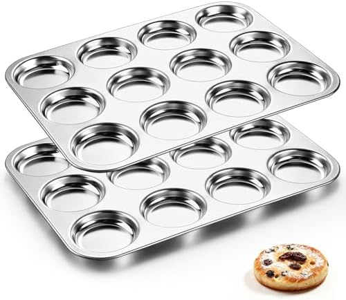 TeamFar Muffin Top Pan, 2 PCS 12 Cavity Stainless Steel Shallow Cupcake Pan