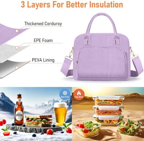 Lunch Bag Large Insulated Lunch Box for Women Men Adult Cute Purple Lunchbox Corduroy Lunch Bags Boxes Pail with Adjustable Shoulder Strap for Work Mom Picnic Office Travel 11.4×6.8×9.1 inches 11.5L