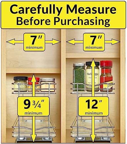 LYNK PROFESSIONAL® Pull Out Spice Organization for Cabinets - 6-3/8 inch Wide – Spice Rack for Inside Cabinets, Slide Out Spice Rack Organizer for cabinet – Pull Out Spice Rack, Sliding 2 Tier Chrome