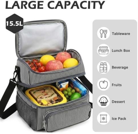 FlowFly Double Layer Cooler Insulated Lunch Bag Adult Lunch Box Large Tote Bag for Men, Women, With Adjustable Strap,Front Pocket and Dual Large Mesh Side Pockets