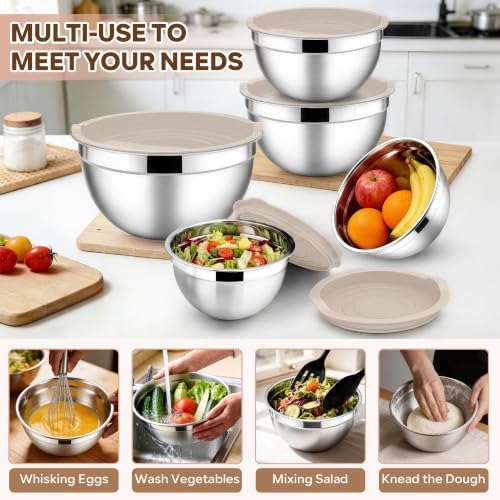 E-far Mixing Bowls with Lids Set, Stainless Steel Cooking Salad Bowl, Khaki