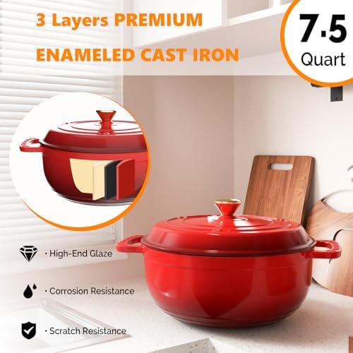 Bonnlo 7.5QT Round Dutch Oven, Enameled Cast Iron Dutch Oven Pot with Lid & Dual Handles, Oven Safe Up to 500° F, for Sourdough, Bread Baking, Stews and Roasting (Red)