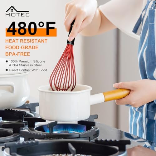 HOTEC 4 Pieces Silicone Whisks Set, Wire Balloon Whisks for cooking Egg Beater, Non-slip Handle Whisk for Non-stick Cookware Perfect for Cooking, Stirring, Beating and Blending,Red
