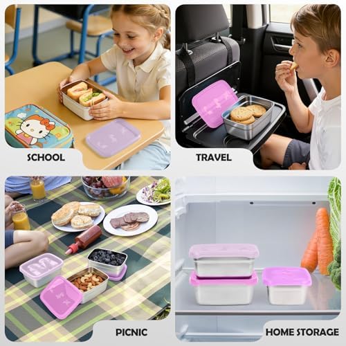 Tanjiae 3-Pack Stainless Steel Snack Containers for Kids & Toddlers - 550ml (18oz) Leakproof Colorful Lids with Cute Dinosaurs | LFGB Certified, Stackable Metal Lunch Box for Daycare, School, Travel