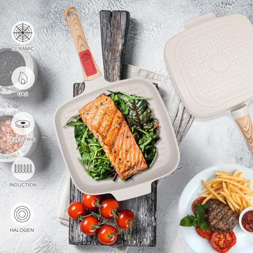RANX INGST Griddle Pan with Lid, 10 Inch Non Stick Grill Pan, White