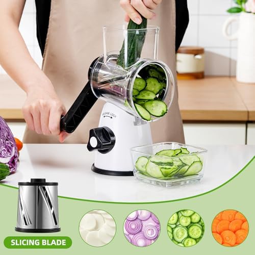 Rotary Cheese Grater with Handle, 3 Replaceable Blades (Milky White)