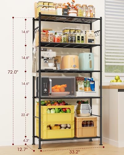 Sakugi 5-Tier Storage Shelves with 6 Hooks, 33.2" x 12.7" x 71.1", Black