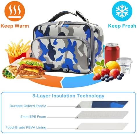 FlowFly Kids Lunch box Insulated Soft Bag Mini Cooler Back to School Thermal Meal Tote Kit for Girls, Boys,Blue Camo