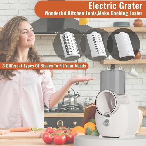 Electric Cheese Grater for Block Cheese,Electric Grater for Home Kitchen Use,3 Changeable Blades Salad Shooter Electric Slicer/Shredder for Vegetable Fruit Nuts White