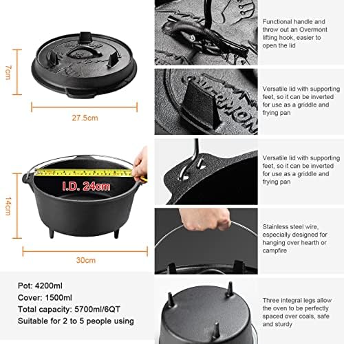 Overmont 6QT Cast Iron Dutch Oven - Pre-Seasoned Pot with Lid Lifter & Legs