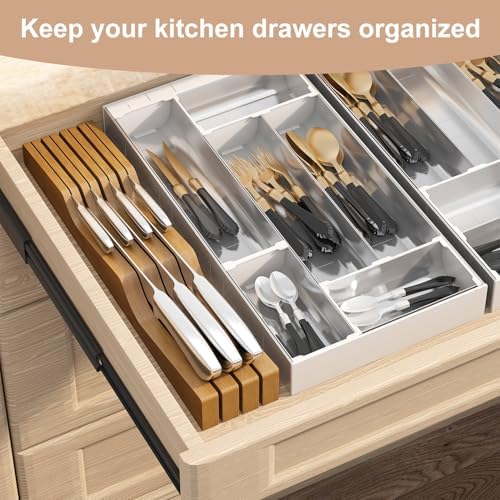 In-Drawer Knife Block Organizer - Bamboo Wood Drawer Knife Organizer-Protecting Knife Organizer Block (Not Included) (Brown, 7 Knives Dock)