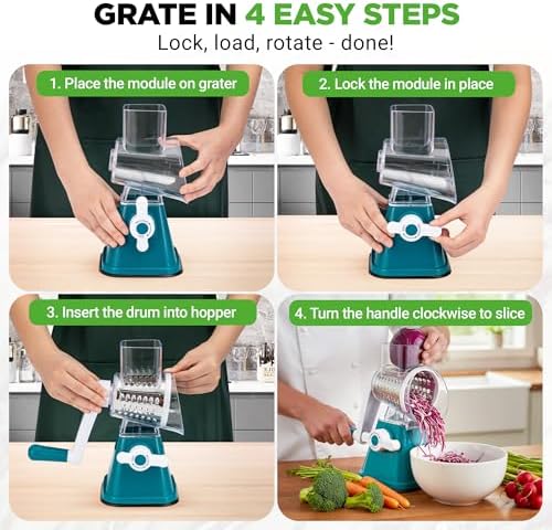 NutriChef 3 in 1 Cheese Grater & Shredder | Strong Suction Base, Rotary Handle with Safety Lock | Includes Hand Crank & 3 Drum Blades for 3 Textures, Fine, Medium & Strips | Green