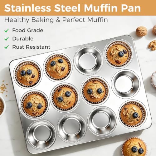Onader Stainless Steel Muffin Pan Tin 12-Cup, 2 Pack Cupcake Pan for Baking